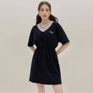 HEART CLUB Knit Cotton V Neck Dress Medium Navy Kawaii Akademia Sporty Korean